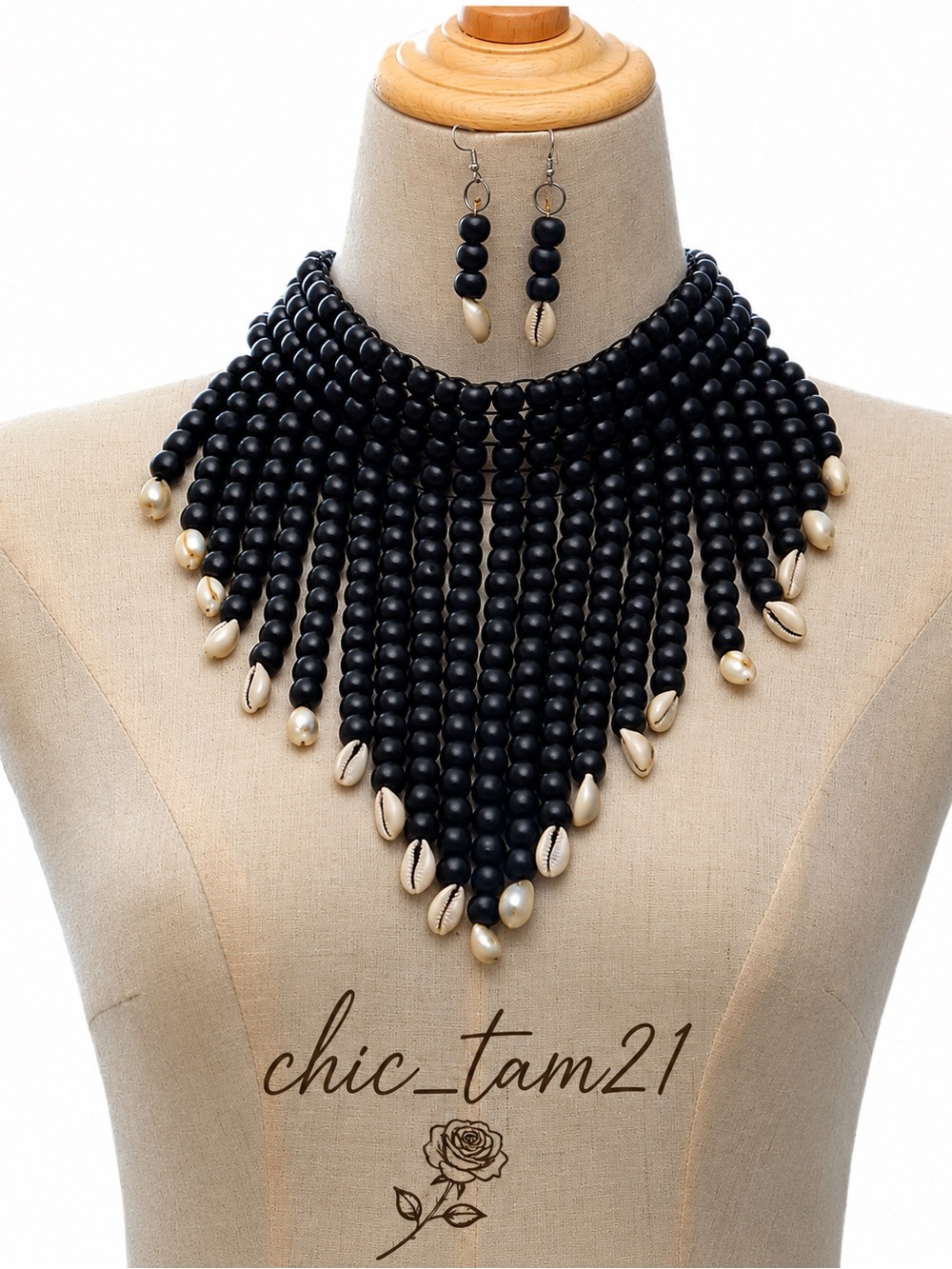 Black Beaded Fringe Statement Necklace with Shell Accents